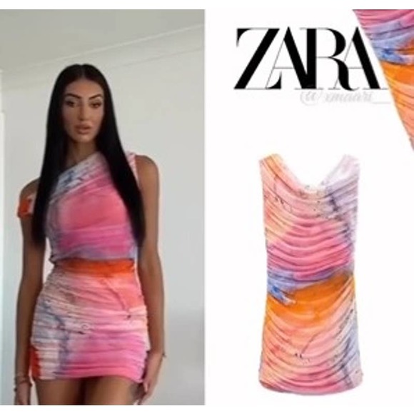 Zara Dresses & Skirts - Zara Watercolor Print Tulle Sleeveless Mini Dress Medium Pink Orange Blue